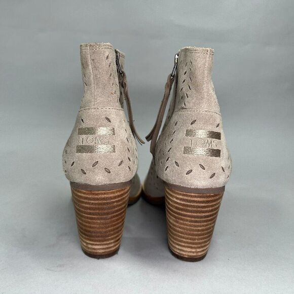 Toms Women's Size 8 Majorca Peep Toe Taupe Suede Perforated Ankle Boots - Picture 5 of 12